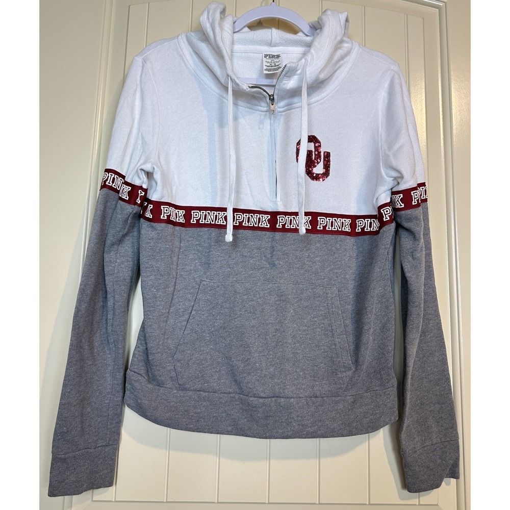 PINK Victoria Secret 1/4 zip up Hooded Oklahoma Sooners OU pullover womens Sz M